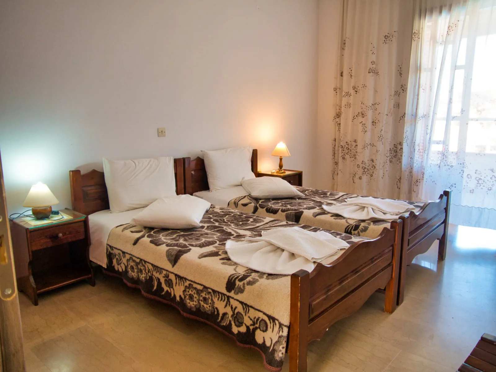 Twin beds in a bedroom of the standard two-bedroom apartment, Tria Adelphia, Arillas, Corfu